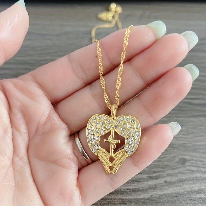 Hollow Angel Wings Inlaid Rhinestones Cross Pendant Necklace For Women золотистый