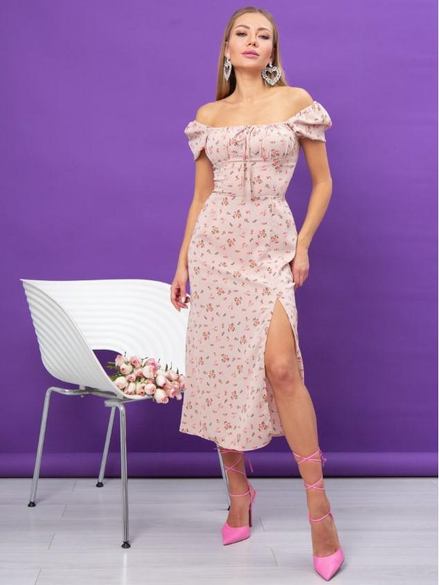 

Женское летнее платье-халтер с квадратным вырезом и пышными рукавами с цветочным принтом Small розовый