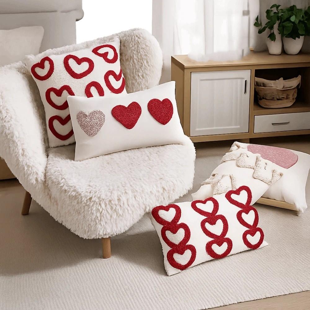 Romantic Valentine Heart Pattern Pillowcase Velvet Hidden Zipper Tufted Cushion Case Minimalist Embroidery Throw Pillow Cover