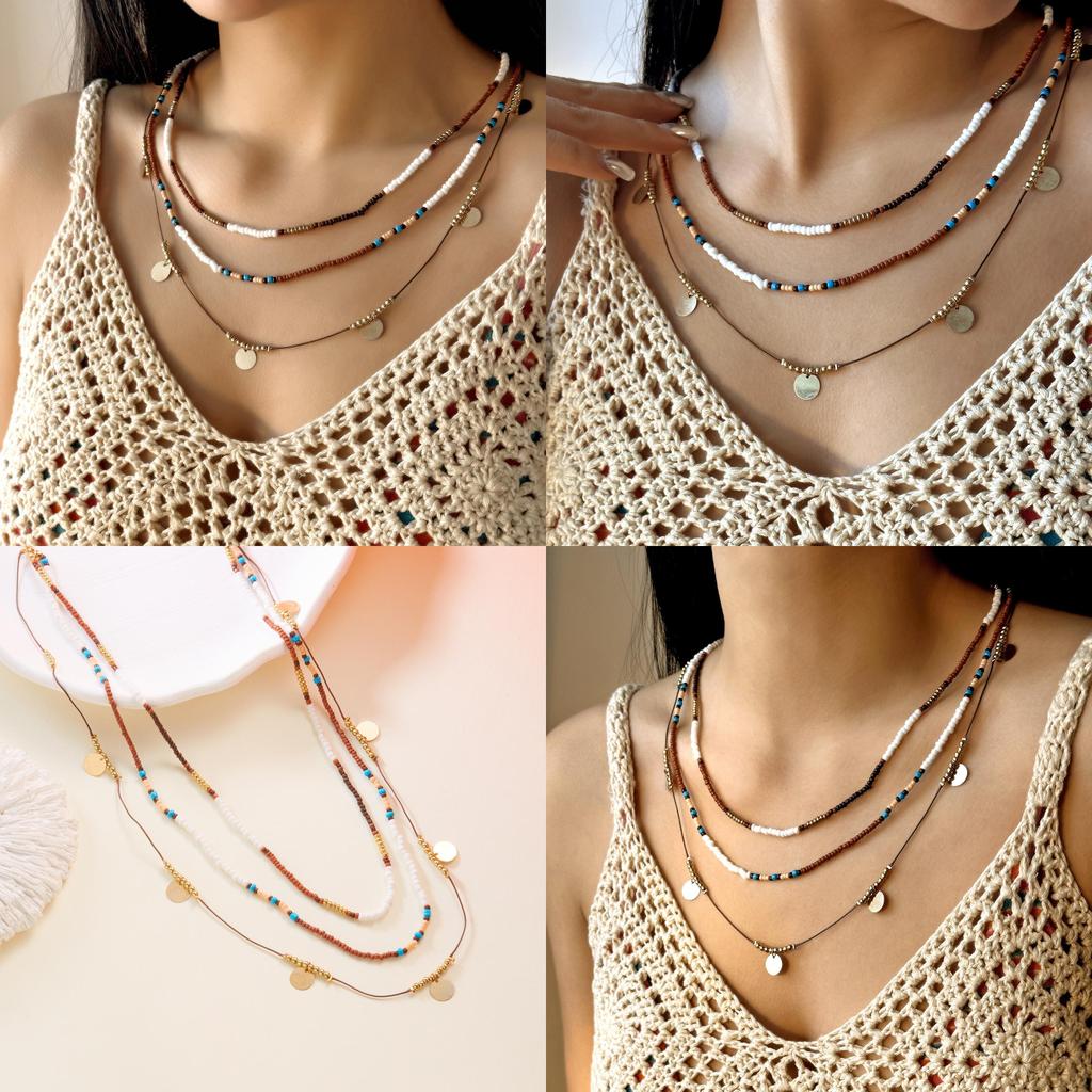 Bohemian Style Multilayer Beaded Necklace With Geometric Elements For Women