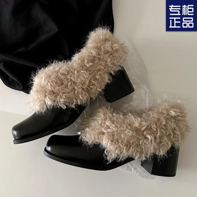 Square Head Mao Mao Warm Thick Heel Muller Shoes Autumn and Winter New French Medium Heel Velvet Single Shoes Women