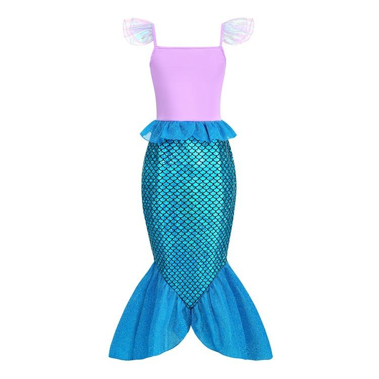 Mermaid Ariel Costume Girls Short Sleeve Fish Tail Shape Cosplay Princess Dress Halloween Carnival Birthday Party Dresses