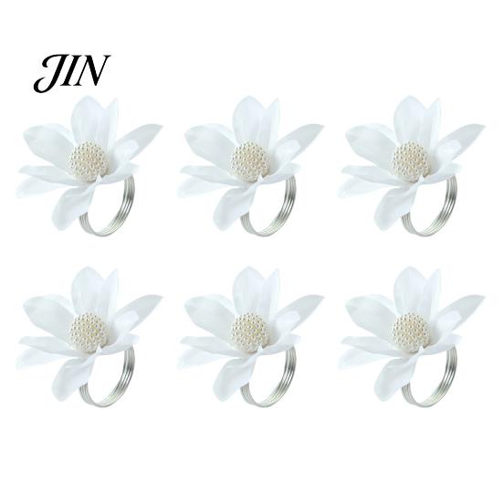 Luxury Table Decor 6Pcs White Lotus Napkin Rings, Chiffon Flower Metal Ring Holders, Faux Wedding Rings Pearl Dinner for Bridal Shower Reusable