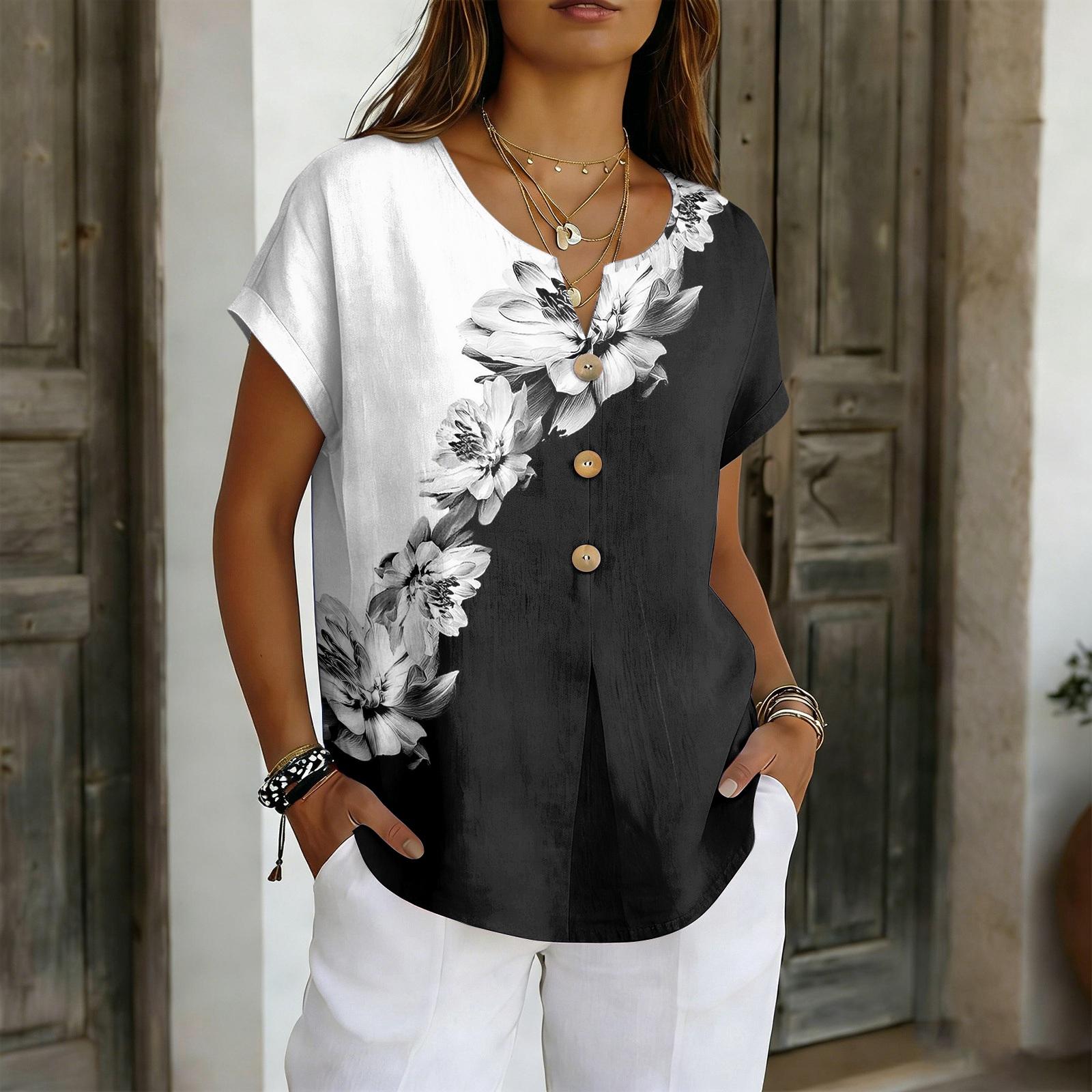 

Женский повседневный, свободного кроя и стильный хлопково-льняной топ с коротким рукавом L чёрный