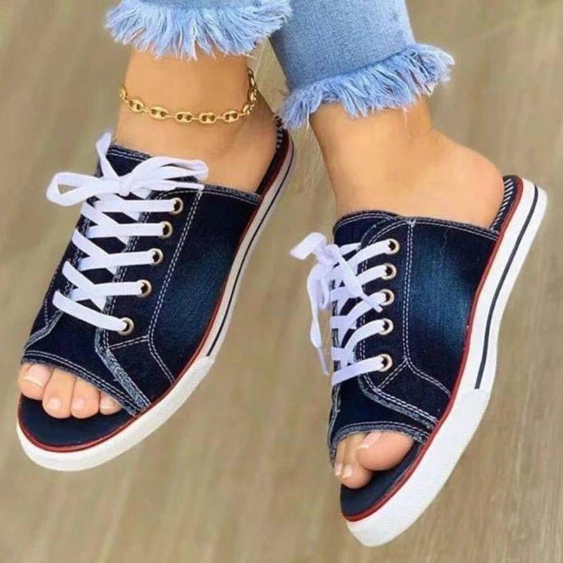 New summer canvas women's sandals one-character low-heeled women's shoes denim straps shoes flats