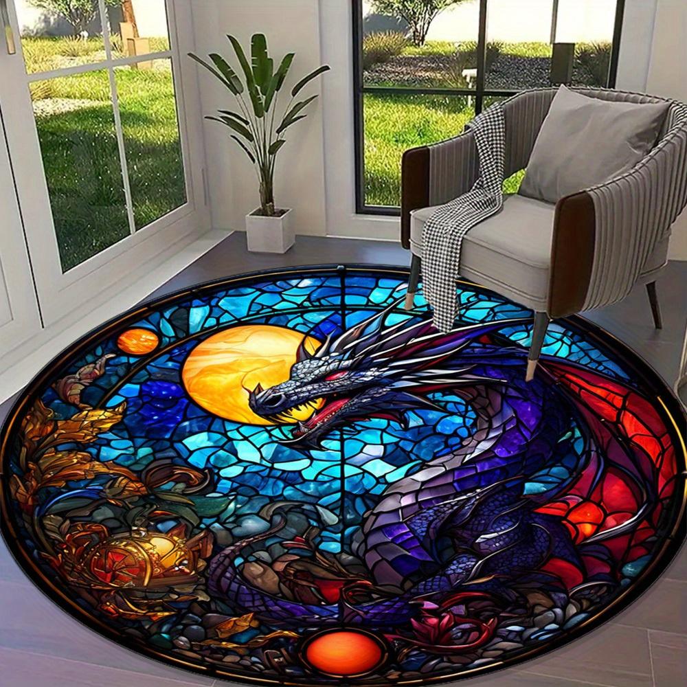 Vibrant Stained Glass Dragon Round Rug – Anti-Slip, Durable Polyester Carpet with Cosmic Design, Rich Blues, Purples, Reds & Ora