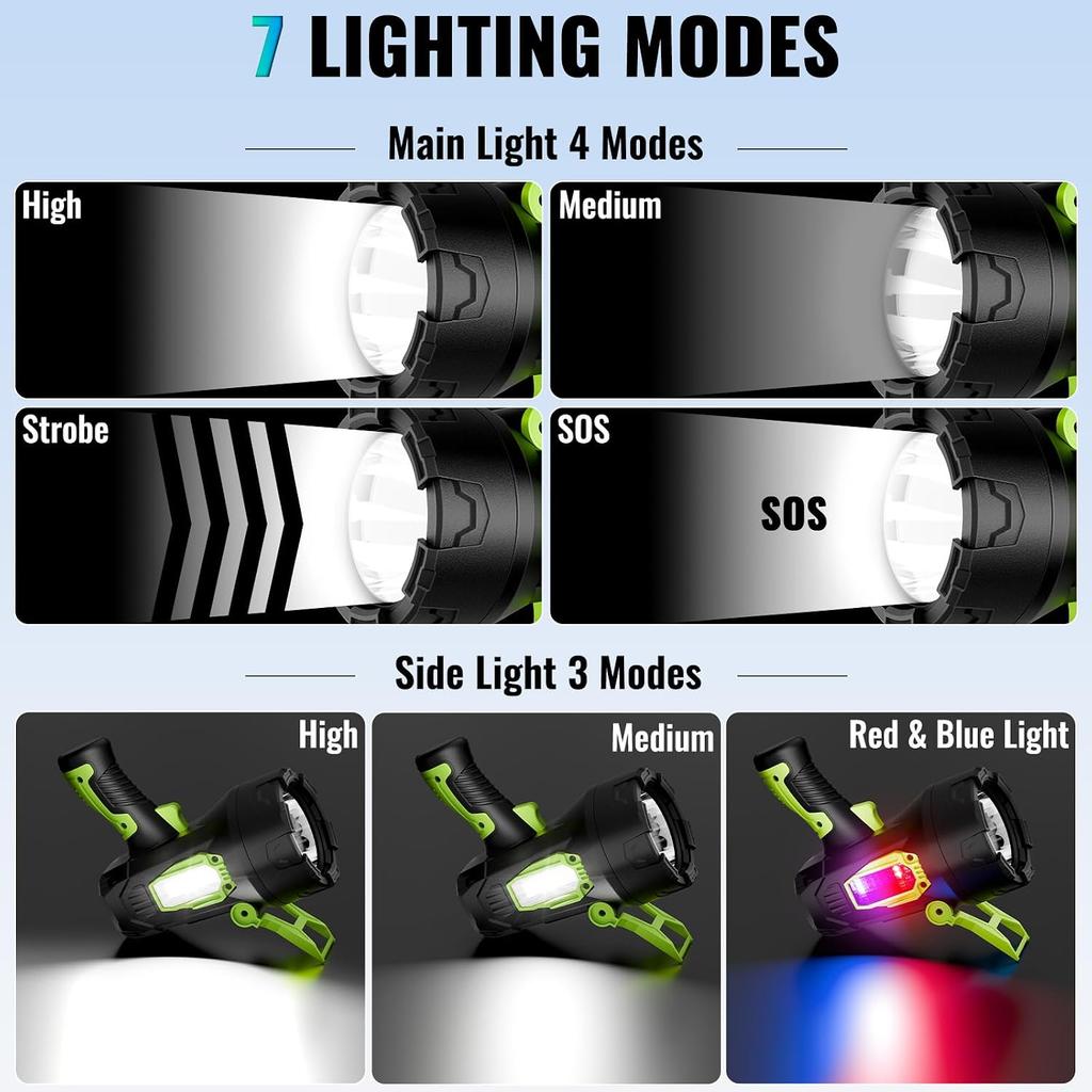 taoquwe Rechargeable Spotlight,2000000 LM Super Bright Handheld Spot Light LED Flashlight High Lumens,Powered Spotlight Large Searchlight Outdoor