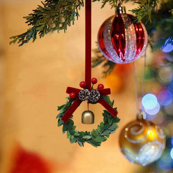 Christmas Bell Wreath Hanging Ornament Mini PVC Garland with Red Bow Xmas Tree Decor