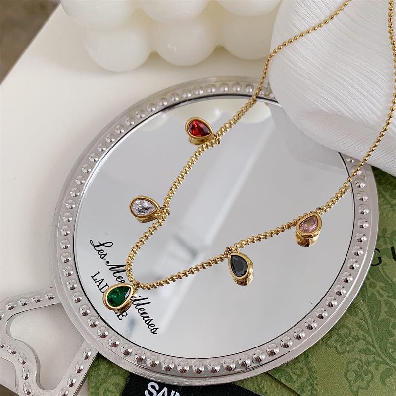 European & American Style Colorful Zircon Water Drop Pendant Necklace, Women's Clavicle Chain, 18K Gold Plated Titanium Steel