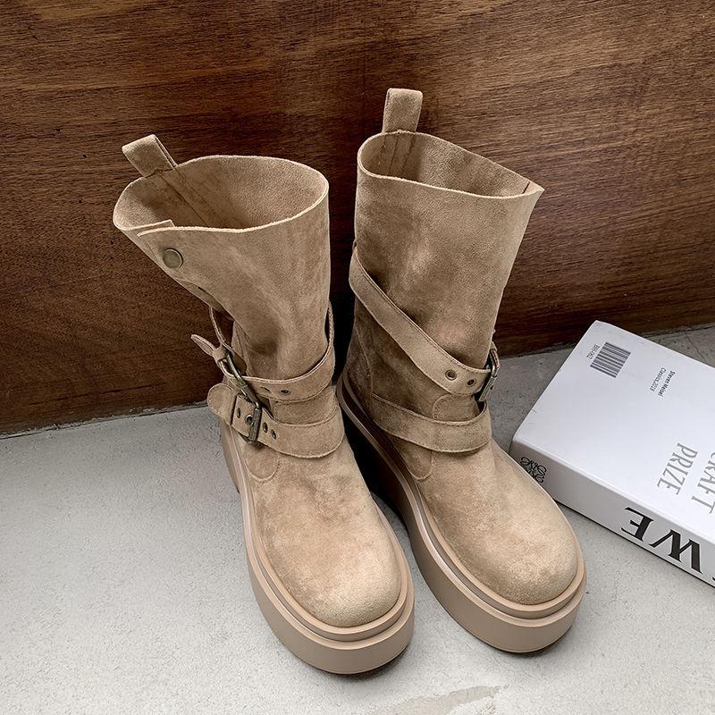 Women's Belt Buckle Not Tired Feet Thick Sole Heightening Soft Elastic Comfort Shock Absorption Non-slip Casual Sports Martin Boots