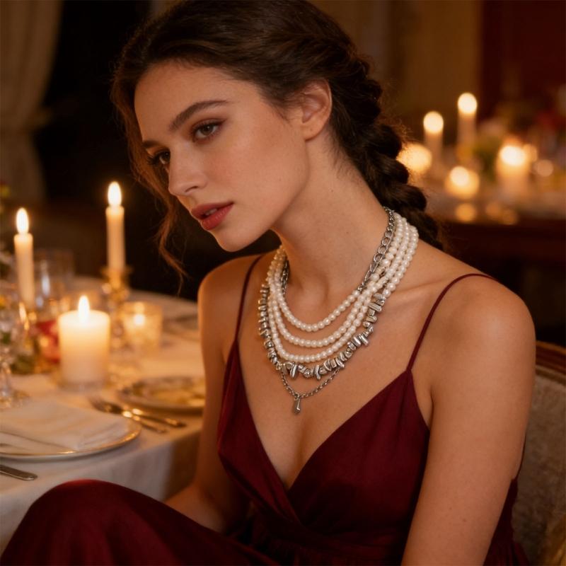 Double Layer Geometric Designs Collar Necklace with Imitation Pearls for Women Trendy Neckchain Fashion Jewelry