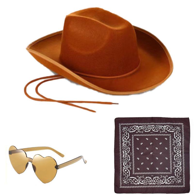 Pink Cowboy Hat, Black & White Scarf, Denim Hat Three-Piece Set