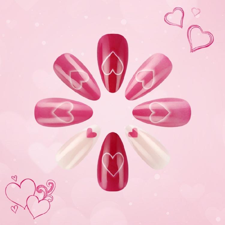 24 Pcs Pink Heart Artificial Nail Valentines Day False Nail Lovely Stick on Nail French Press On Nail for Holiday