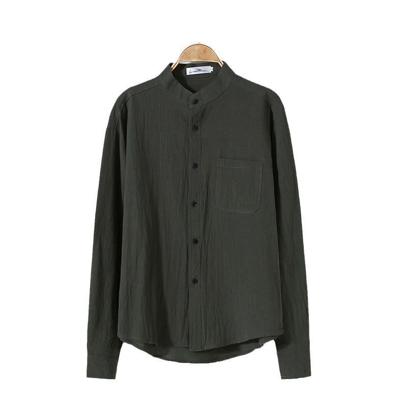 Men's Slim Fit Japanese Retro Linen-Cotton Shirt, Long Sleeve, Stand Collar, Casual All-Match Design.