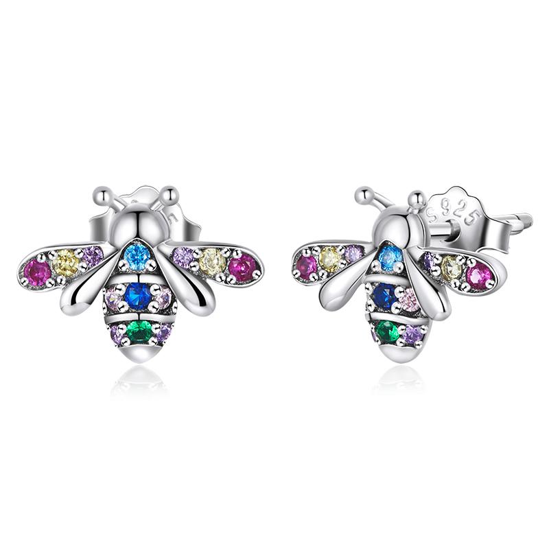 WOSTU 925 Sterling Silver Colorful Heart Stud Earrings Rainbow Unicorn Lightning Earrings For Women Fashion Silver Jewelry