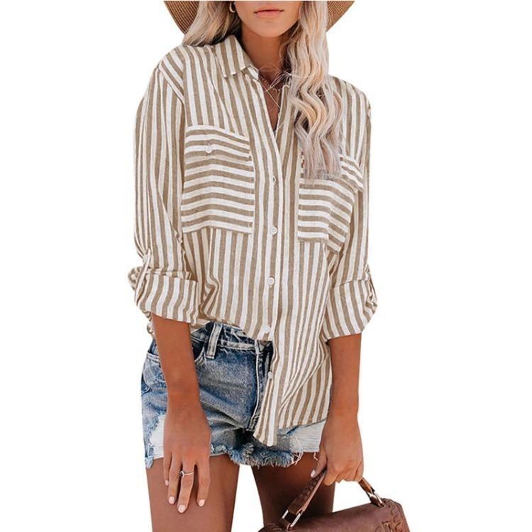 2024 Summer Women's Fashion Striped Long Sleeve Shirt Cotton Polyester Blend