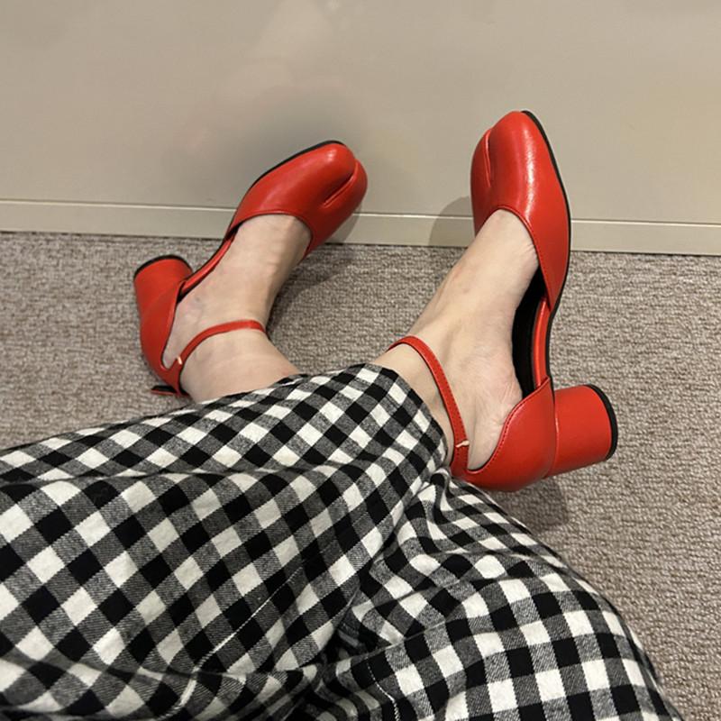 Bailamos Fashion Tabi Ninja Women Shoes Round Split Toe Shallow Thick Heel Sandals Mid Heel Mary Janes Shoes Female Pumps Mujer