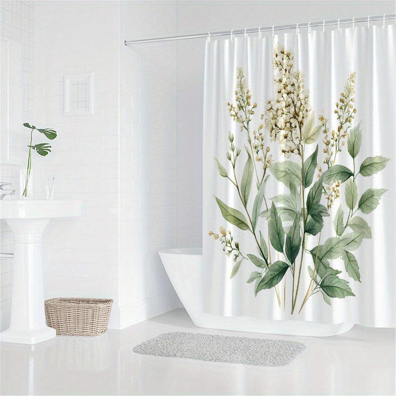 1Pc Botanical Watercolor Shower Curtain, Polyester Material, Machine Washable, With Hooks, Suitable For Bathroom Decoration