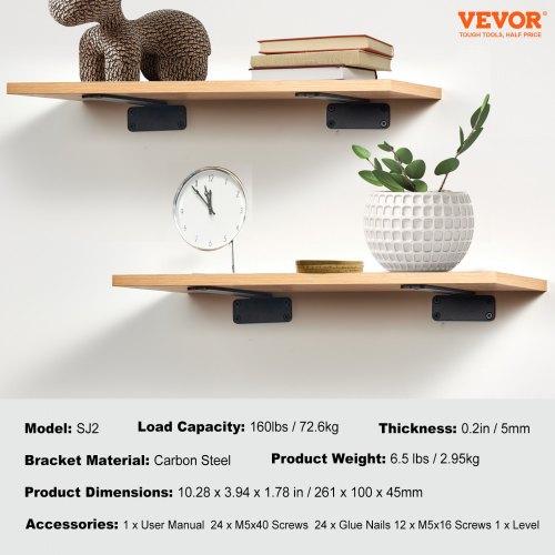 VEVOR Shelf Bracket, 10”L x 4”W x 1.6”H, 6 Pcs Heavy Duty Floating Shelf Brackets, Brackets for Shelves, 5mm Thick Matte Black L Shelf Bracket