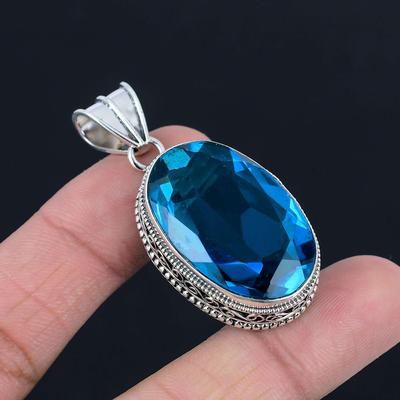 Blue Topaz Gemstone Pendant Solid 925 Sterling Silver Pendant Jewelry Gift For Unisex
