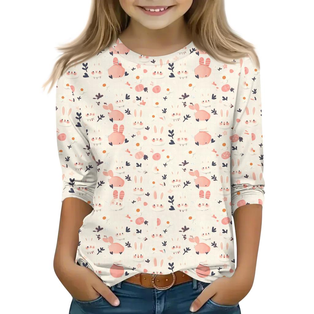 Print Tops For Youth Girls Round Neck 3/4 Sleeves T-Shirts Trendy Tops Outfit Tees