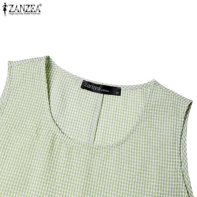 ZANZEA Women Summer Round Neck Sleeveless Grid Print Dress