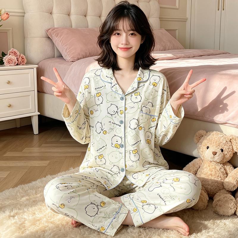 Japanese cute cartoon pajamas women's spring and autumn imitation cotton long-sleeved soft girl casual loungewear suit can be worn outside