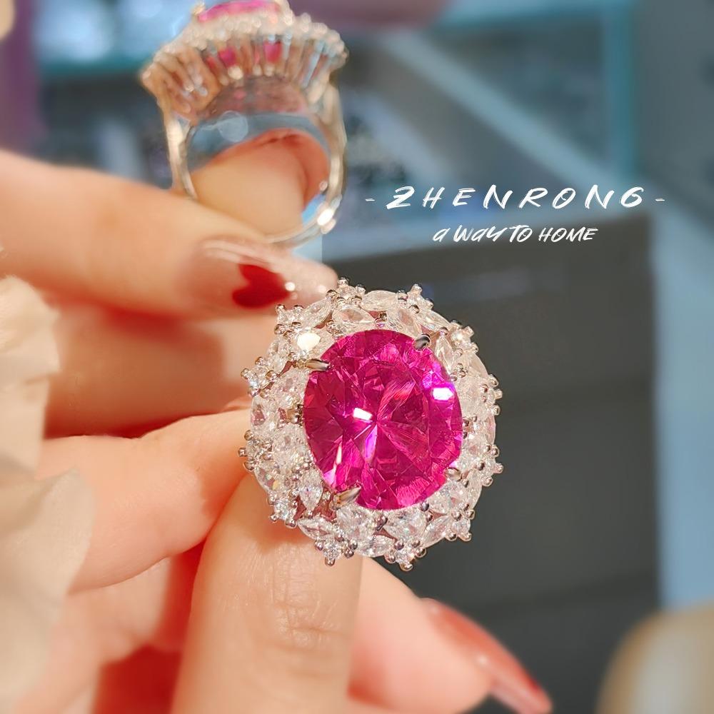 Luxury Red Corundum Pendant Women Jewelry Set with Rose Diamond Ring Earrings High Carbon Diamond Gemstone