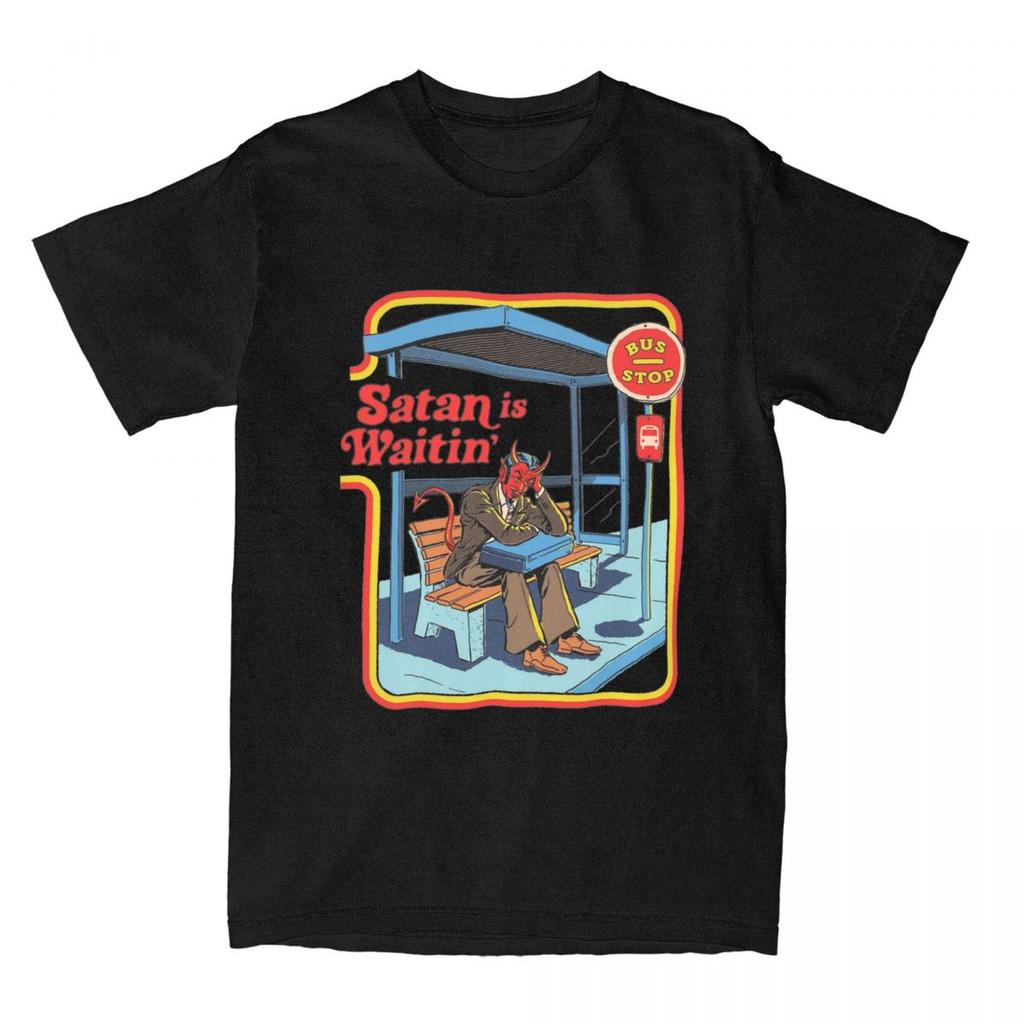 Satan Is Waiting Funny Vintage Dark Art Men Women's T Shirts Humor Pulp Art Apparel Novelty Tees T-Shirts 100% Cotton   Clothing