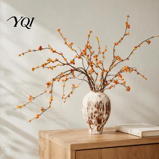 Fade Resistant Artificial Flowers Long Bittersweet Branches, Fall Berry Stems for Vase, Faux Plants DIY Floral Craft Supplies Branches Thanksgiving