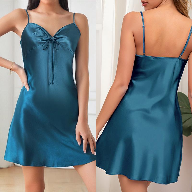 Damen Nachtwäsche Nachthemd Sexy Träger Nachthemd Intime Dessous Süße Schleife Hausmantel Lässig Satin Loungewear