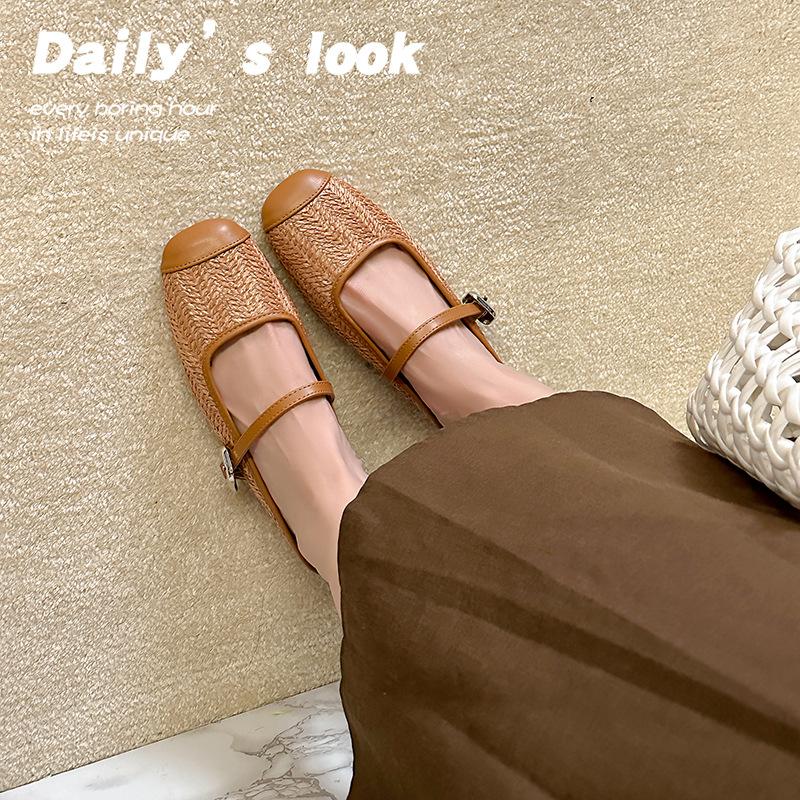 Grape Mother Summer Retro Woven Hollow Square Head Word with Thick Heel Sandals Muller Half Slippers Women's Wear