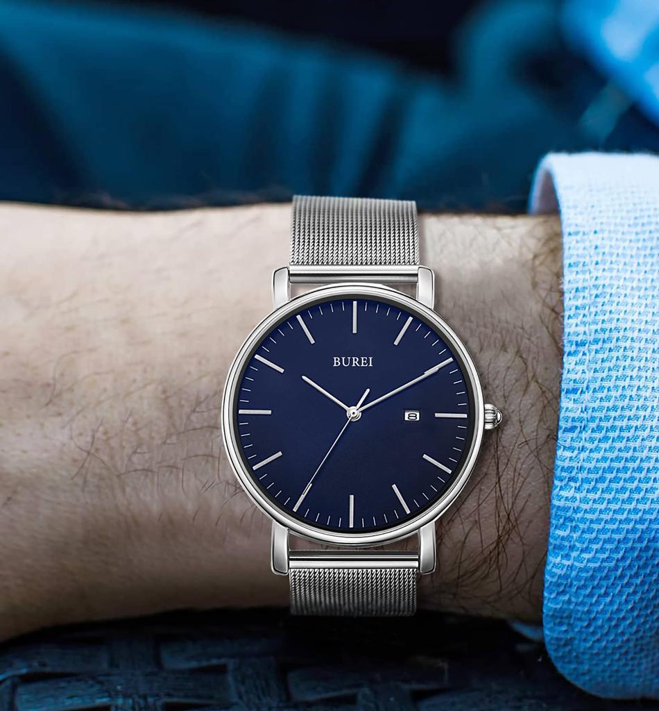Simple Stylish Brand Popular Ultra Thin Lightweight Analog Watch Business Waterproof Quartz Arm Watch Silver Blue [BUREI] Men's Men's -