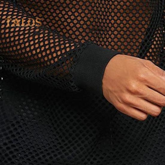 Herren Mesh-Oberteil, ultradünn, durchsichtig, Rundhalsausschnitt, lange Ärmel, einfarbig, dehnbar, lockere Passform, muskelaufbauendes Party-Homewear-Club-Tanz-Performance-T-Shirt