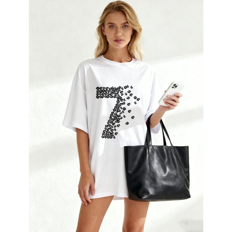 Oversized T Shirt Black Number Seven Star Pattern Print Casual Wear For Women Summer Outfit Street Style Fashion Top