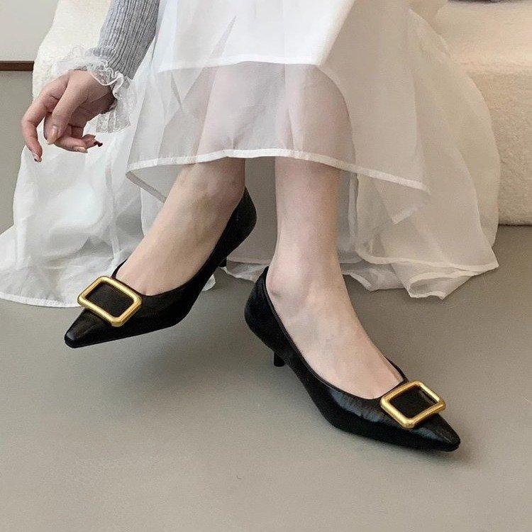Korean Version of Pointed Thin Heel Low Heel Single Shoes Women's 2025 Spring New Pointed Metal Square Buckle Light Mouth Low Heel High Heels