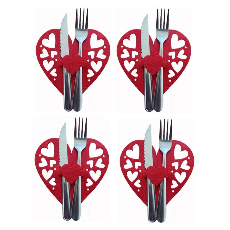4 PCS Valentine's Day Love Cutlery Bag Set Fork Knife Bag Tableware Holder Bags Perfect for Couples and Special Dinners