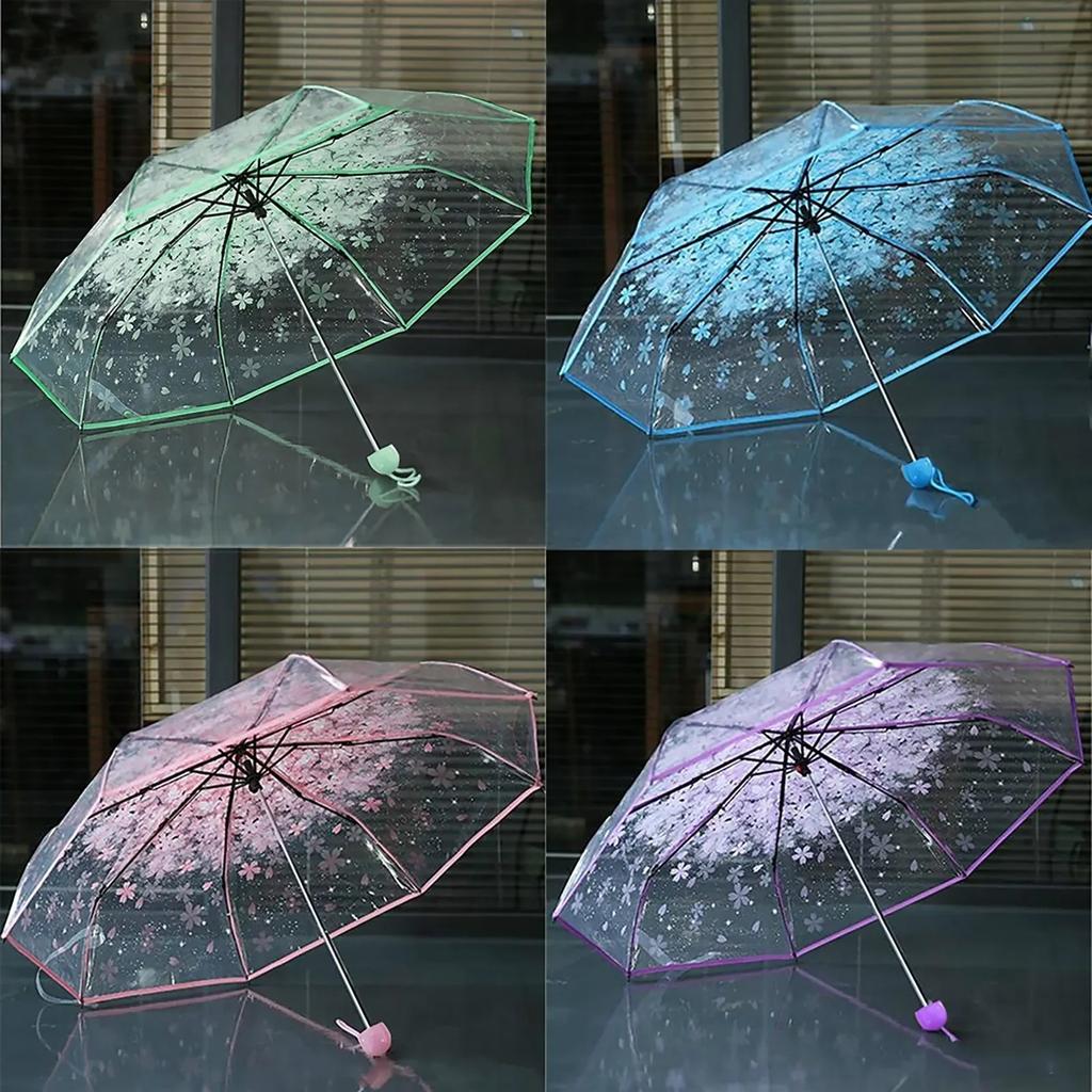 1PCS Portable cute flower household rain gear cherry blossom transparent umbrella wind and rain protection 3 fold PVC umbrella