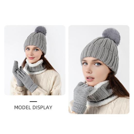3Pcs/Set Winter Knitted Scarf Gloves Set Pom Pom Ball Fleece Lining Brimless Hat Touchscreen Gloves Neck Warmer Set