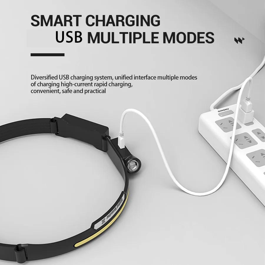 New Upgrade Rechargeable LED Sensor Headlamp XPE+COB Headlight Led Head Torch 18650 Battery Work Light Camping Fishing Lantern