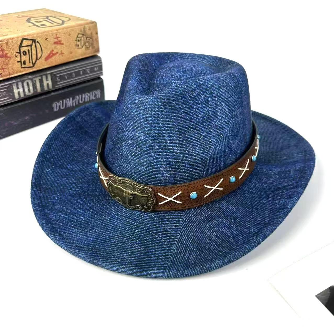 

Bull Head Belt Western Denim Hat New Men S And Women S European, American Retro British Performance Jazz Top Hat M（56-58cm） темно-синього кольору
