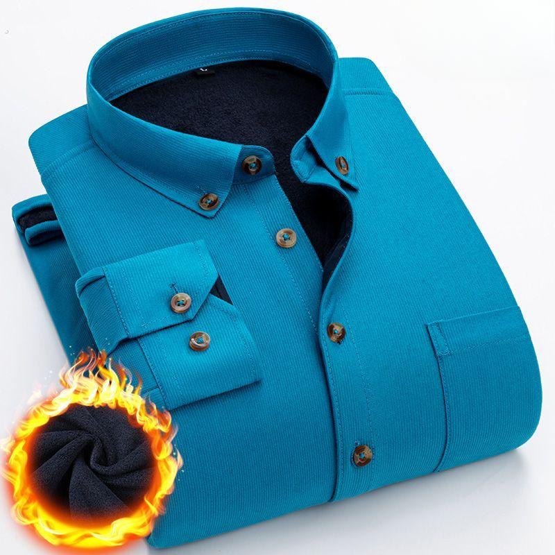 Winter Herren Warmes Hemd Cord Mittleren Alters und Ältere Langärmlig Einfarbig Mode Verdickt Plus Samt Freizeithemd