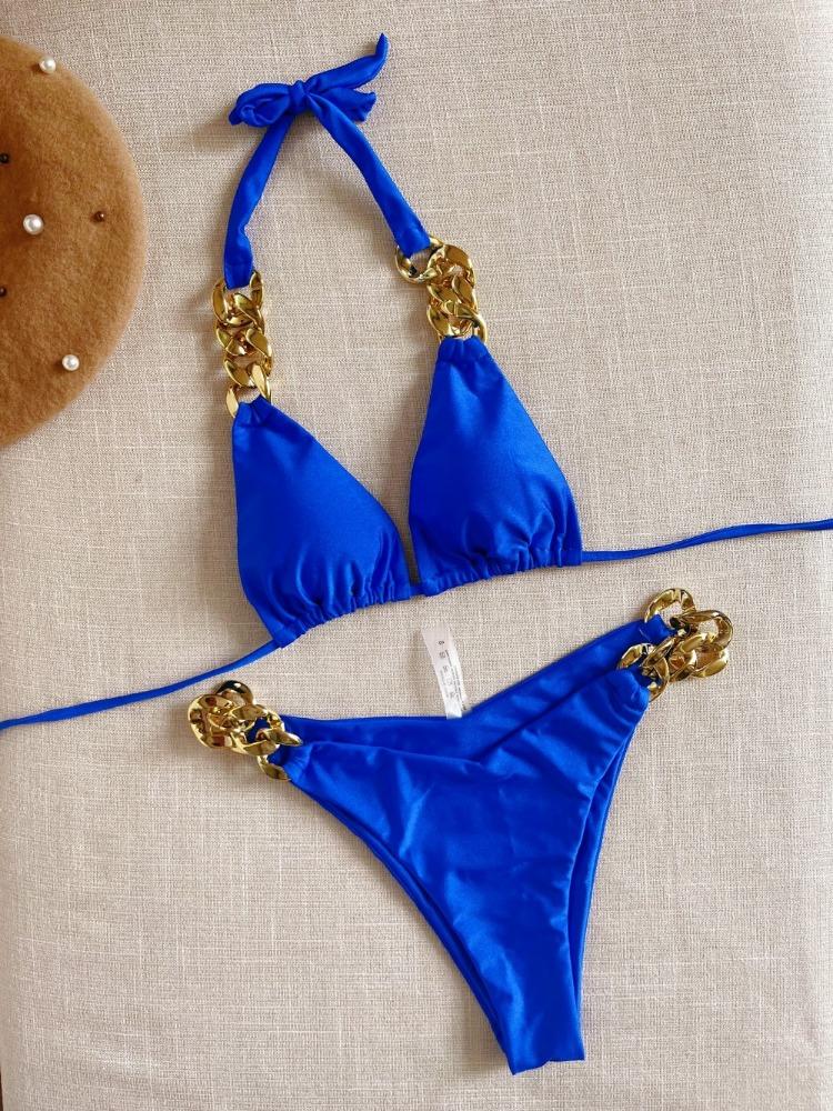 2025 Schwarzer Mode Bikini Neuer Sexy Badeanzug Frauen Große Goldkette Accessoire Träger Einfarbig Geteilter Badeanzug Strandparty Kleidung