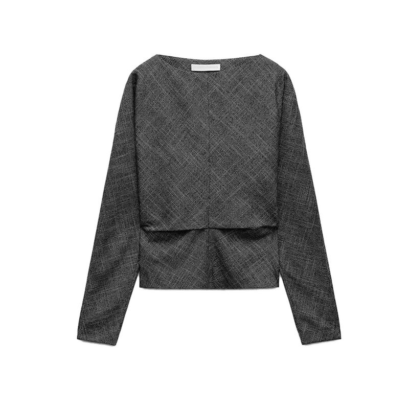 

Autumn New Women s Clothing French Style Design round Neck Long Sleeves Fitted Waist Pleated Decoration Tops 2731304 Grey L