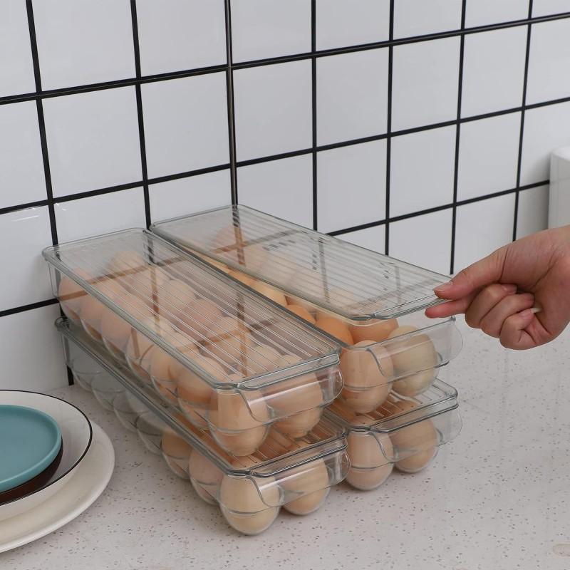 Egg Holder With Lid-Stackable 14-Slot Transparent Plastic Egg Storage Box For Refrigerator