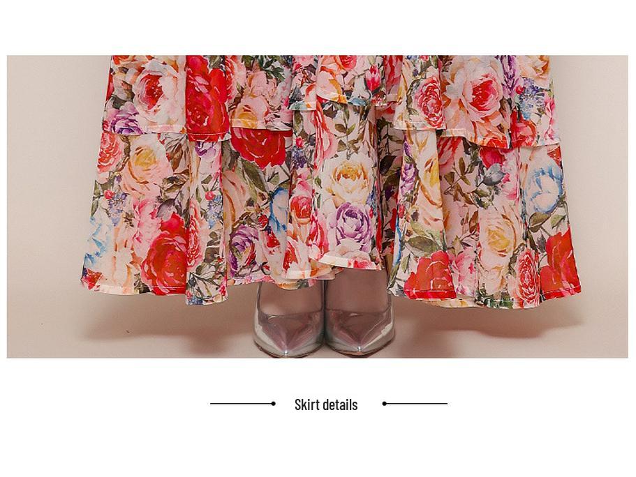 Damen Retro Hofstil V-Ausschnitt Kleid mit Schnürung an der Taille, Laternenärmeln, Blumendruck und weitem Saum - Kollektion 2026