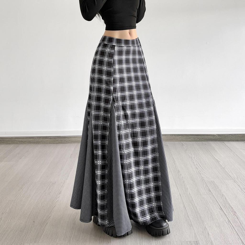 American Retro Patchwork Plaid Low-Waist Long Skirt for Women