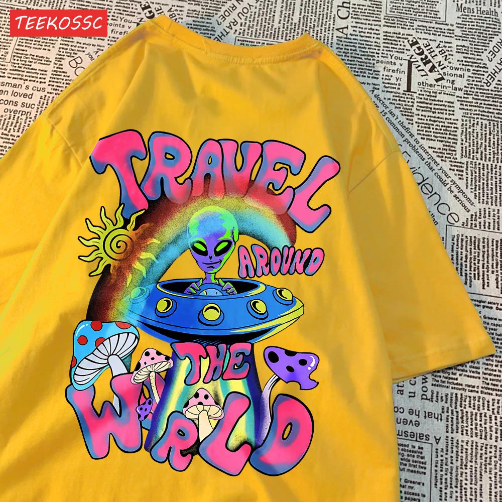 Mode Baumwolle Damen T-Shirts Alien UFO Weltreise Drucke Kurzarm Rundhalsausschnitt Weich Atmungsaktiv Street Damen Kleidung