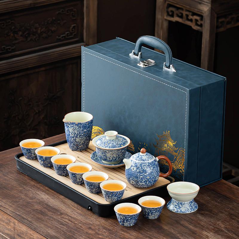 Ru Kiln Kung Fu Tea Set Household Ceramic Flower Cover Bowl High-end Gift Box