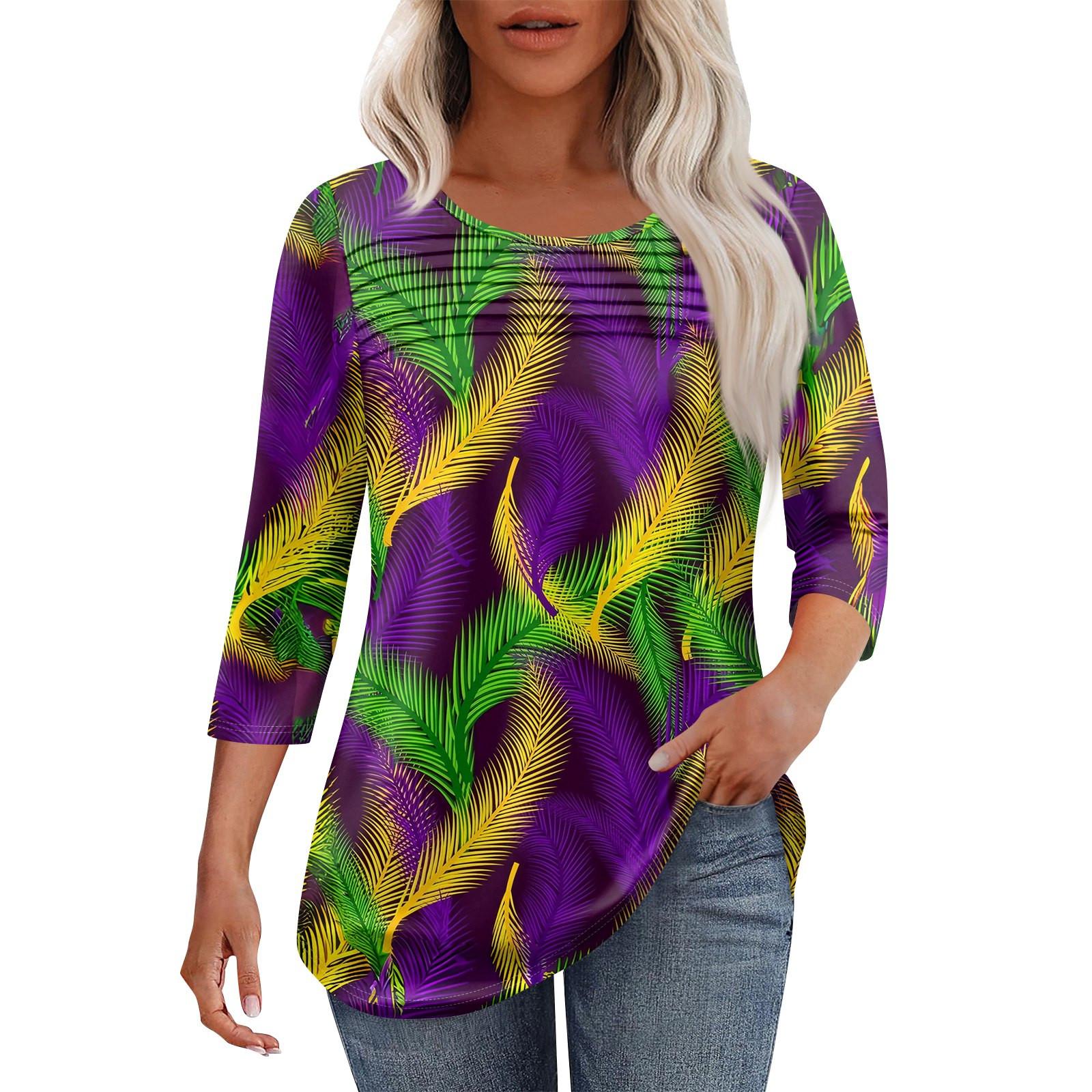 

Женская мода круглый вырез шея плиссированная передняя планка с принтом рукав 3/4 топ XXXL